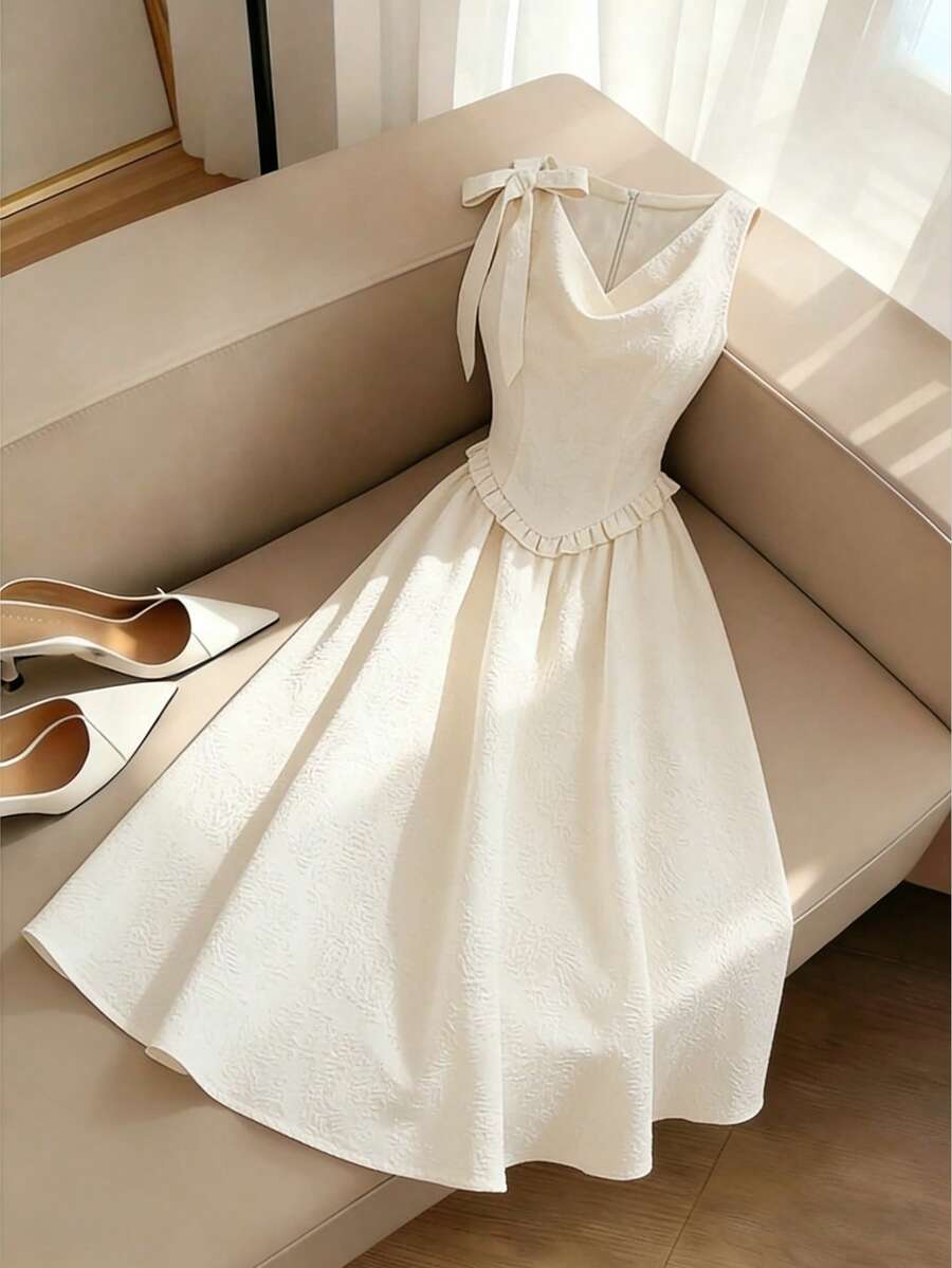 Qadelle Đầm không tay màu trơn dành cho nữ, có cổ nơ rời, kiểu dáng thanh lịch, thích hợp cho mùa tốt nghiệp. - Màu be - Xem 1