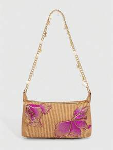 SHECARRY 1Pc Tropical Island Style Sequin Flower PU Shoulder Bag, Star & Shell Decor Beach Handbag For Summer Holiday Travel(The Small Pendants Are In A Separate Bag For DIY Use.) - Brown - View 9