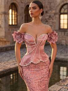 Glamrae Elegant Luxurious Beaded,Sequin & Embroidered One-Shoulder Mermaid Dress With 3D Floral Sleeves,Suitable For Bridal,Mother Of The Bride Formal Gowns - Dusty Pink - View 2