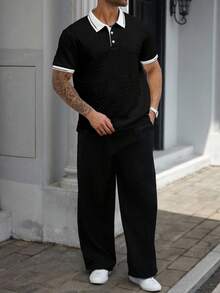 Manfinity Homme Plus Size Men's Casual Colorblock Polo Shirt, Summer - Black - View 4