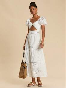 Travachic Women's Embroidered Twist Ruched Long Dress, Fashionable For Party And Occasions,White Dress,Elegant Dresses For Women,Embroidered Dress,Summer Outfits For Women,Summer Dresses For Women Tea Party Outfit Women 2 Piece Ladies Two Piece Outfits Brunch Outfits For Women 2 Piece - White - View 4