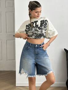 EURMUSE High Waist City Length Washed Blue Denim Short - Medium Wash - View 3