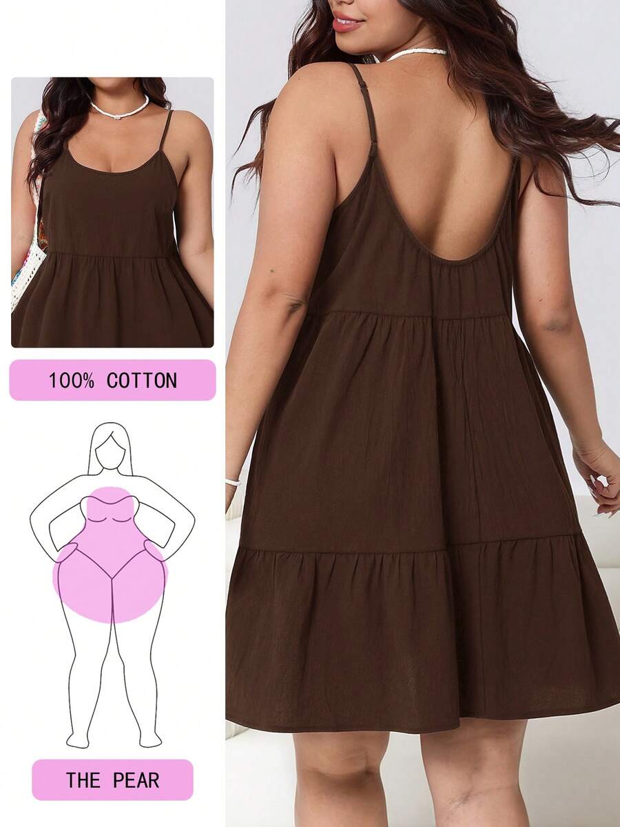 Solflare 大码女式纯色荷叶边无袖连衣裙，春夏款 - 巧克力棕 - 查看 1