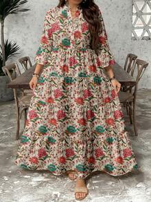 SHEIN LUNE Vintage Floral Casual Minimalist Elegant Plus Size Dress, Suitable For Vacation - Multicolor - View 9