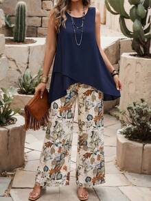 EMERY ROSE Women's Casual Vacation Sleeveless Button Decor Shirt And Wide Leg Pants 2 Pieces Set, Spring/Summer - Multicolor - View 3