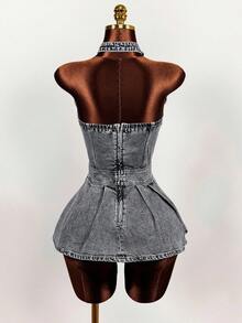 Mistrie Đầm denim nữ gợi cảm cổ yếm khoét rỗng với thiết kế khóa cài. - màu đen - Xem 2