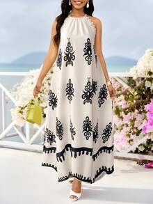 SHEIN Lady Đầm Maxi Halter Ren In Hoa Thanh Lịch Cho Nữ - trắng - Xem 1