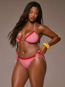 MUSERA Plus Size Lace Trim Gingham Checked Print Bikini Top Only Spring Summer Easter Cute Casual Everyday Vacation Holiday Festival Ibiza Sexy - Red and White - View 3