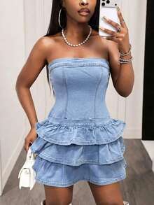 Slaydiva Đầm denim hai dây xếp tầng có bèo nhún dành cho nữ - Màu xanh lam - Xem 3