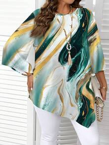 EMERY ROSE 大码女式休闲简约波纹印花宽松衬衫，春夏款 - 彩色 - 查看 3