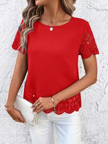 SHEIN Clasi Women's Short Sleeve Burnout Shirt, Spring/Summer,Red Top - Red - View 4