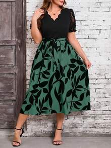 Reflora Plus Size Women's Fashion Color Block Printed V-Neck Dress - Army Green - View 4
