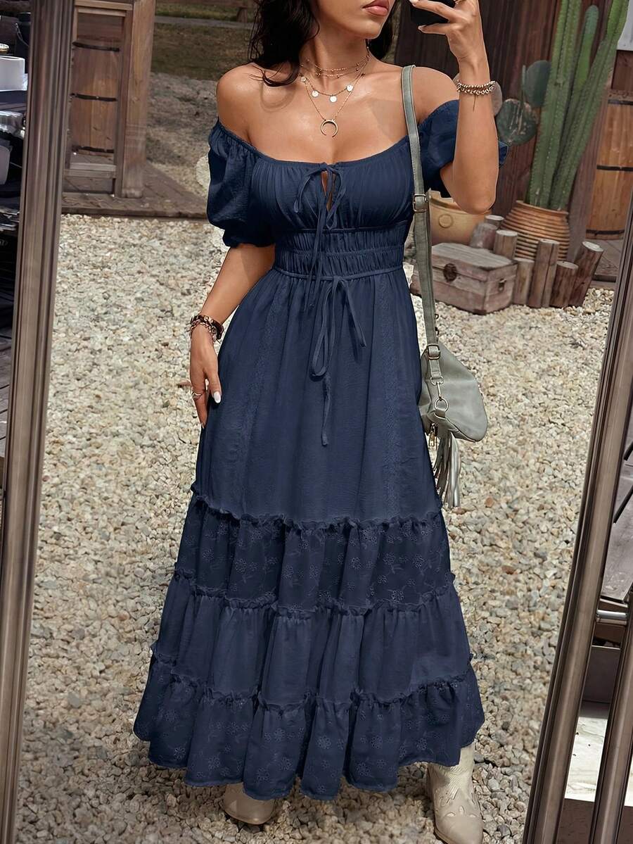 SHEIN EZwear 纯色露肩荷叶边连衣裙,女士度假夏季连衣裙,露肩长裙,休闲连衣裙,节日连衣裙 - 藏蓝色 - 查看 1
