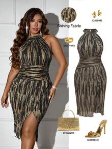 Femmeverse Plus Size Women Elegant Sexy Halter Neck Slit Sleeveless Bodycon Dress - Black - View 1