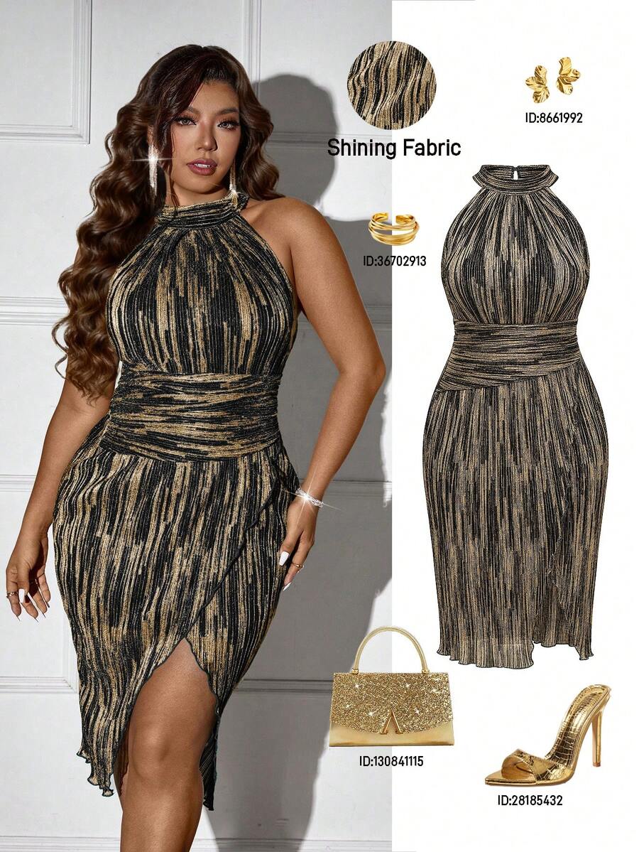 Femmeverse Plus Size Women Elegant Sexy Halter Neck Slit Sleeveless Bodycon Dress - Black - View 1