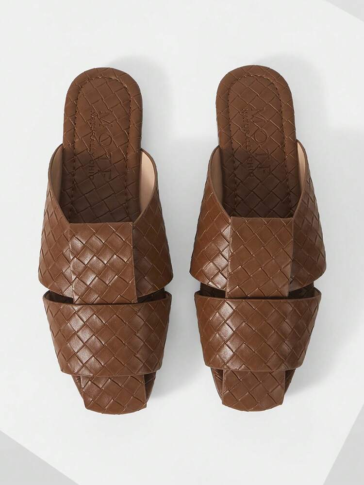 BROWN LEATHER ROUND TOE CASUAL SIMPLE COMMUTER WOMEN'S FLAT SANDALS