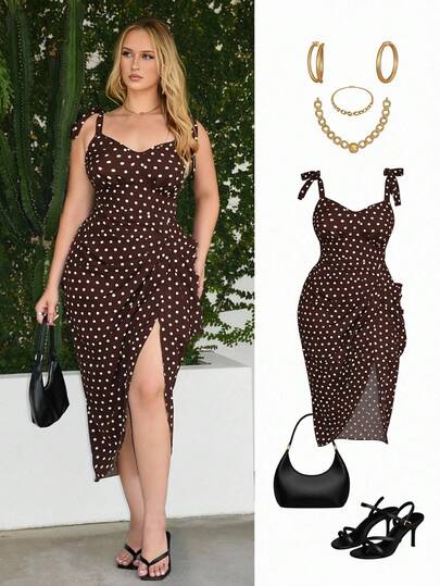 Roveilla Vestido elegante y vintage de talla grande para mujer con estampado de lunares y dobladillo fruncido sin mangas