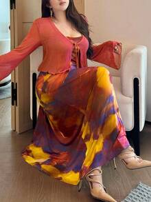 Flirla Set 2 Potong Gaun Terusan Tie-Dye Wanita Ukuran Plus untuk Musim Gugur - MultiWarna - View 1