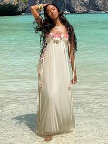 Mima John Women Elegant 3D Floral Decor Slip Dress, Summer Summer Summer Outfits Summer Clothes Beach Outfits For Woman  Beach Vacation Vacation Outfits Woman Boho  Tropical Vacation Woman Clothe Tropical Vacation Woman Clothe Wedding Anniversary Bridesmaid Party Date Sexy Wedding Guest Dress Women Bridal Shower Dress White  Elegant Modest Graduation Outfit Graduation Dress Graduation Dresses For Women   White Graduation Dress  Fairy Goddess Romantic Date Dress With Rainbow Multi-Color Three-Dimensional Flower Decoration On The Ches Tea Party Dress  Birthday Dresses For Women Butter Yellow,Boho Clothes Women - Apricot - View 2