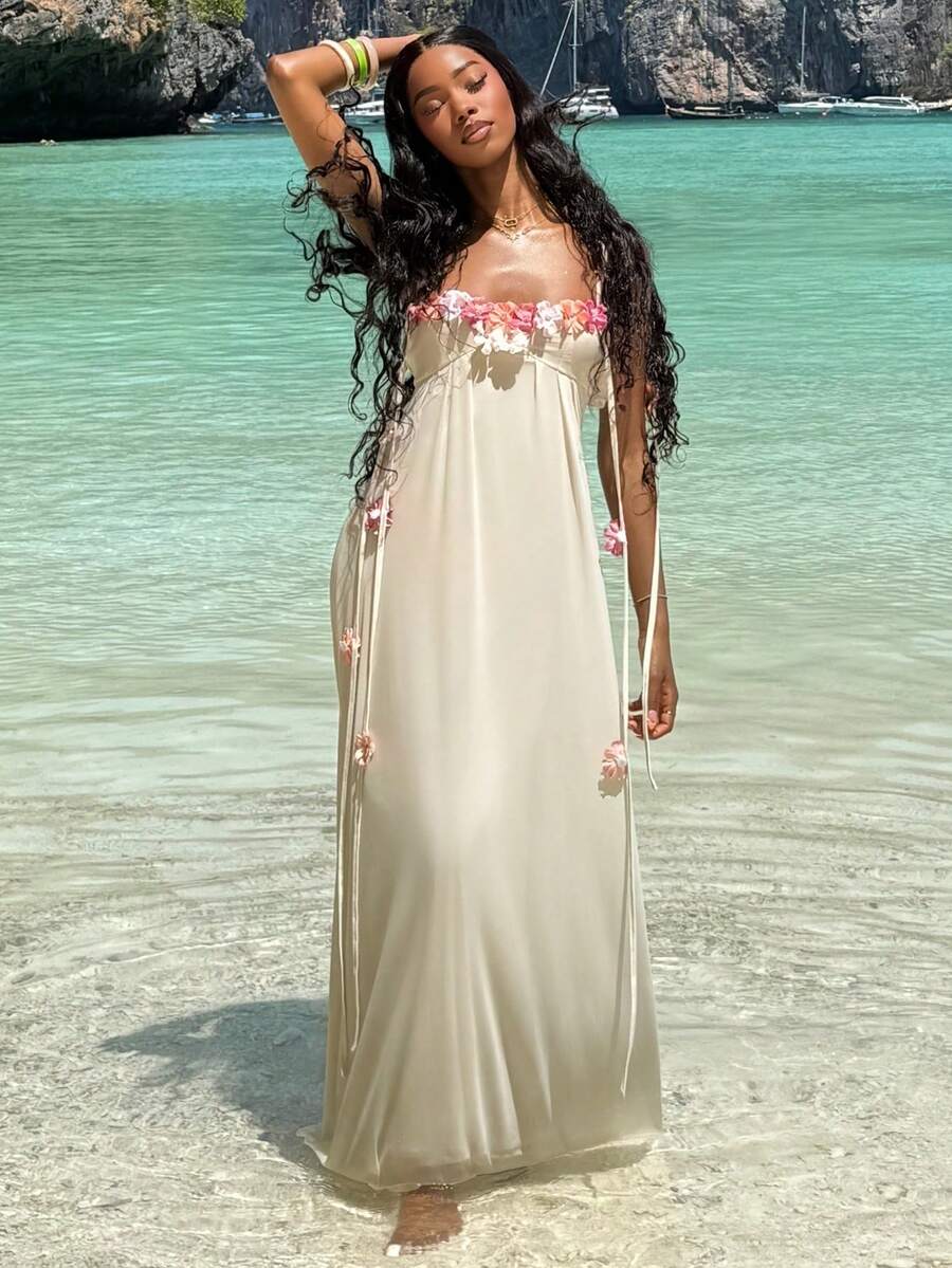Mima John Women Elegant 3D Floral Decor Slip Dress, Summer Summer Summer Outfits Summer Clothes Beach Outfits For Woman  Beach Vacation Vacation Outfits Woman Boho  Tropical Vacation Woman Clothe Tropical Vacation Woman Clothe Wedding Anniversary Bridesmaid Party Date Sexy Wedding Guest Dress Women Bridal Shower Dress White  Elegant Modest Graduation Outfit Graduation Dress Graduation Dresses For Women   White Graduation Dress  Fairy Goddess Romantic Date Dress With Rainbow Multi-Color Three-Dimensional Flower Decoration On The Ches Tea Party Dress  Birthday Dresses For Women Butter Yellow,Boho Clothes Women