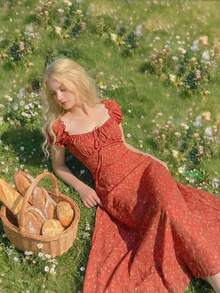 DAZY Women's Square Neck Ditsy Floral Red Puff Sleeve Midi Dress Summer Sundress - Dark Red - View 2