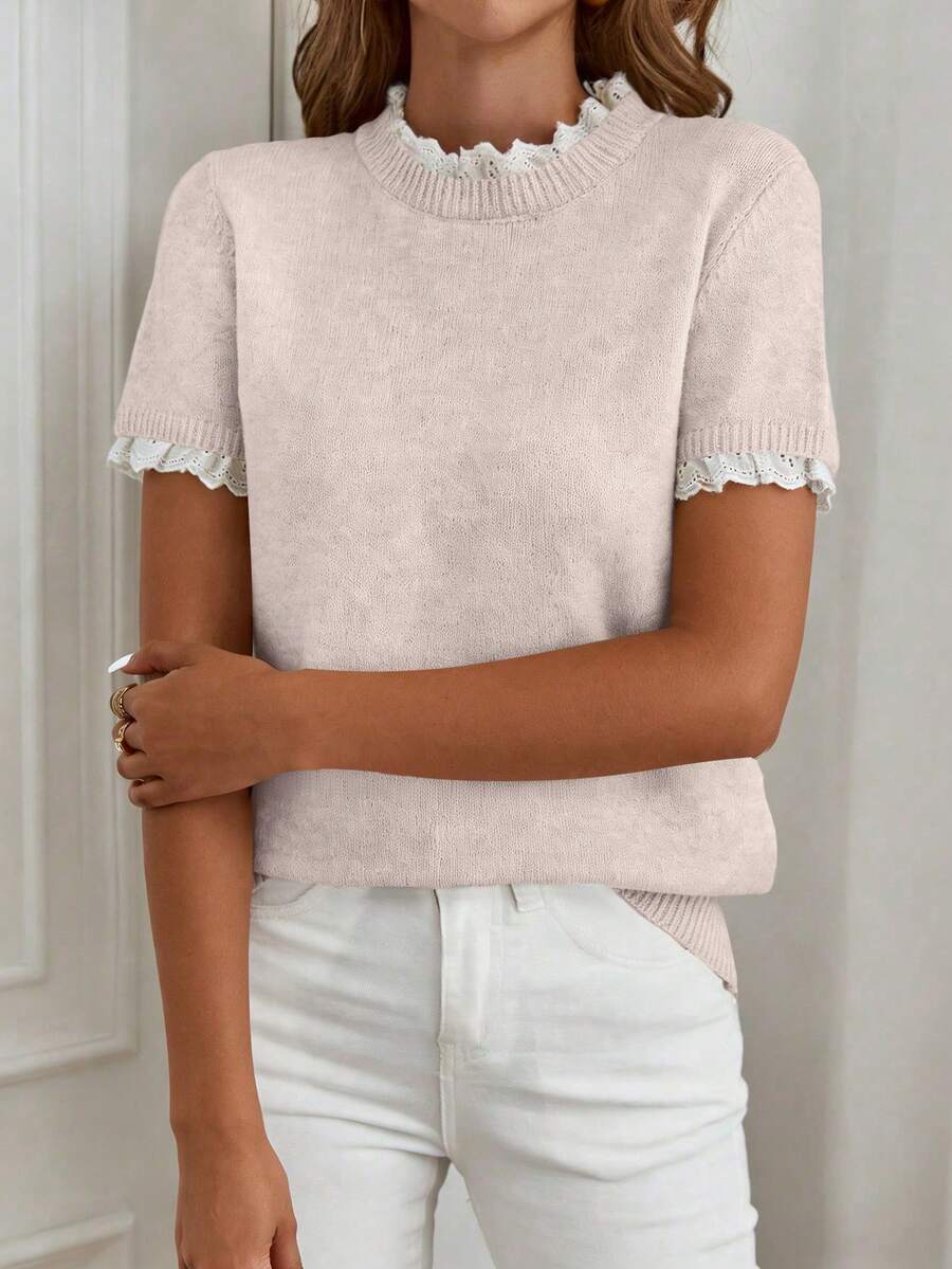 EMERY ROSE Elegante suéter de punto de manga corta con cuello redondo y adorno de encaje en color albaricoque, adecuado para ir al trabajo, estar en casa y uso diario, primavera/verano - Rosa vieja - Ver 1