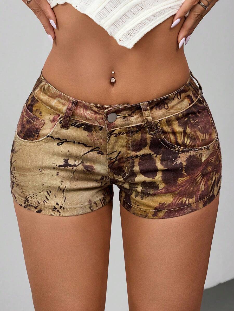 Jeanoix Shorts vaqueros ajustados con estampado de estilo Y2K de moda casual para tallas grandes - Marrón - Ver 1