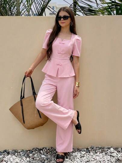 SHEIN Conjunto de top corto de manga de pétalo de unicolor y pantalones para adolescentes en verano