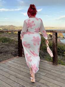 Hourglow Váy lưới dài tay in hoa thanh lịch lãng mạn cỡ lớn cho nữ, đầu thu - Nhiều màu - Xem 2