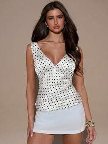 SHEIN BAE Women's Elegant Polka Dot Print V-Neck Camisole For Commuting, Summer,Summer Top - White - View 5