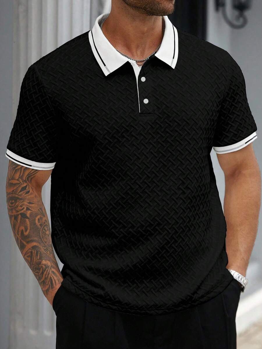 Manfinity Homme Plus Size Men's Casual Colorblock Polo Shirt, Summer - Black - View 1