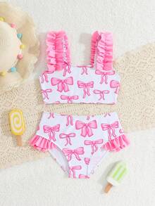 SHEIN Bộ bikini in hình bướm cho bé gái, áo vest dệt kim ngọt ngào và dễ thương với dây đeo có thể điều chỉnh và quần tam giác viền bèo nhún, thích hợp cho kỳ nghỉ hè ở bãi biển, hồ bơi, tiệc tùng. - Hồng - Xem 1