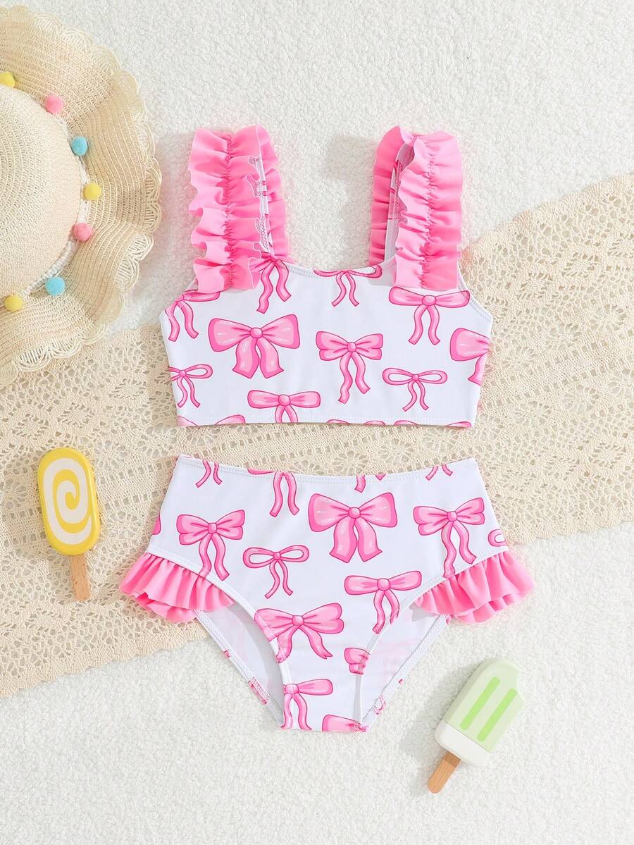 SHEIN Bộ bikini in hình bướm cho bé gái, áo vest dệt kim ngọt ngào và dễ thương với dây đeo có thể điều chỉnh và quần tam giác viền bèo nhún, thích hợp cho kỳ nghỉ hè ở bãi biển, hồ bơi, tiệc tùng. - Hồng - Xem 1