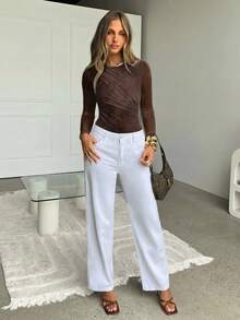 Siren Gaze Body de mujer de diseño minimalista con cuello redondo y manga larga - Marrón - Ver 5