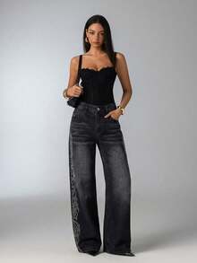 Aloruh 女士休闲水洗水钻装饰阔腿牛仔裤 - 黑色 - 查看 5