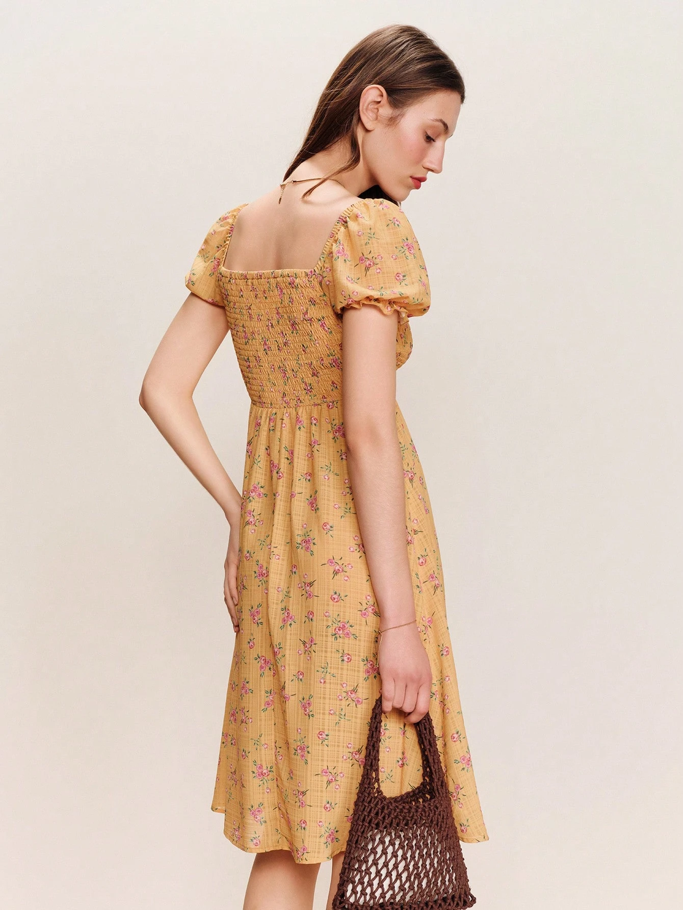 Yellow Shirred Chest Pink Floral Print Dress With Square Neckline And Puff Sleeves Vintage Style Spring Summer French Style Parisian Style Holiday Dress Vacation Dress