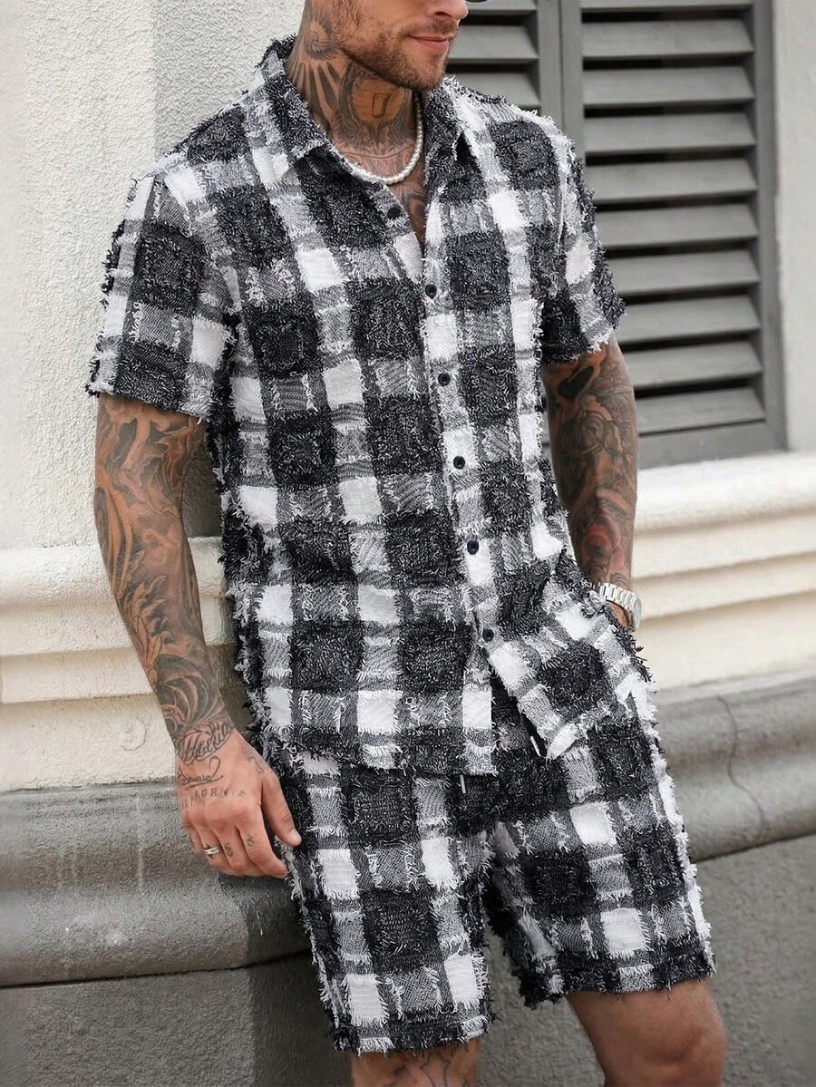 Manfinity Homme Conjunto de camisa de manga corta con un solo pecho a cuadros y pantalones cortos para hombre - Multicolor - Ver 1