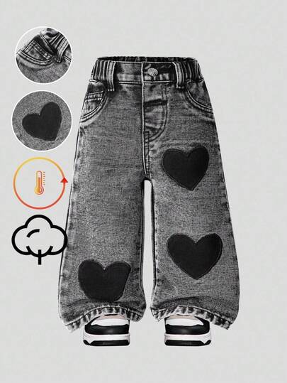 SHEIN Playful Pals 2025 Autumn/Winter Baby Girl Flare Leg Cute Heart Embroidered Straight Leg Jeans, Vintage Distressed Black, Y2K Preppy Streetwear Casual Adorable Retro Heart Jeans Toddler Jeans With Hearts Black Heart Jeans Toddler Baggy Jeans Girls Baggy Jeans Fall