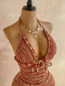 Soleia 女士度假针织渐变纹理吊带迷你连体裤，性感派对约会海滩度假夏季装扮，适合度假约会、下午茶、婚礼季、海滩邮轮度假、城市自驾游度假、波西米亚风度假、音乐节等场合。 - 彩色 - 查看 5