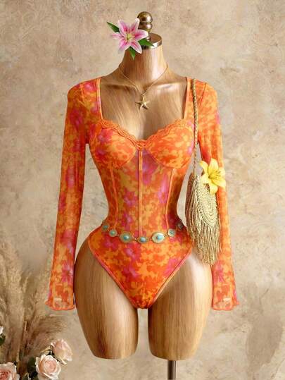 Mistrie Áo liền thân tay dài xuyên thấu in họa tiết dành cho nữ