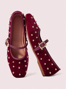 CUCCOO DOLLMOD Red Suede Square Toe Sweet Rivet Low Vamp Flat Sole Shoes - Red - View 1