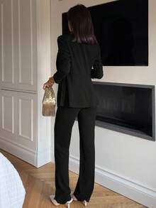Ronhire 3 件套：深蓝色长袖西装外套、背心和裤子，性感通勤约会装，秋冬 - 黑色 - 查看 2