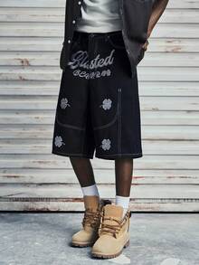 Modcrash GlobeSwift Men's Clover Embroidery Loose Straight Leg Casual Hiphop Bermuda Denim Shorts - Black - View 1