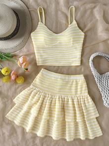 SHEIN Bộ đồ thường ngày phong cách retro cho bé gái tuổi teen mùa xuân hè gồm áo hai dây dệt kim sọc màu vàng nhạt với chân váy chữ A và quần short, phối cùng chân váy xếp ly. - Màu vàng - Xem 8