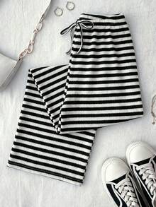Teen Girl Knitted Striped Drawstring Waist Casual Pants Black And White Clothes For Tween Girls - Black and White - View 3