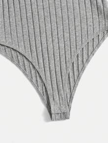 SHEIN EZwear 浅灰色V领短袖罗纹休闲连体衣，适合大码女性 - 淺灰色 - 查看 4