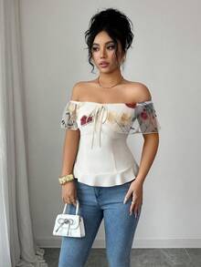 SHEIN Elenzya 优雅女士玫瑰花卉网纱拼接露肩上衣，适合情人节、约会、日常穿着、度假、春夏穿着 - 杏色 - 查看 5