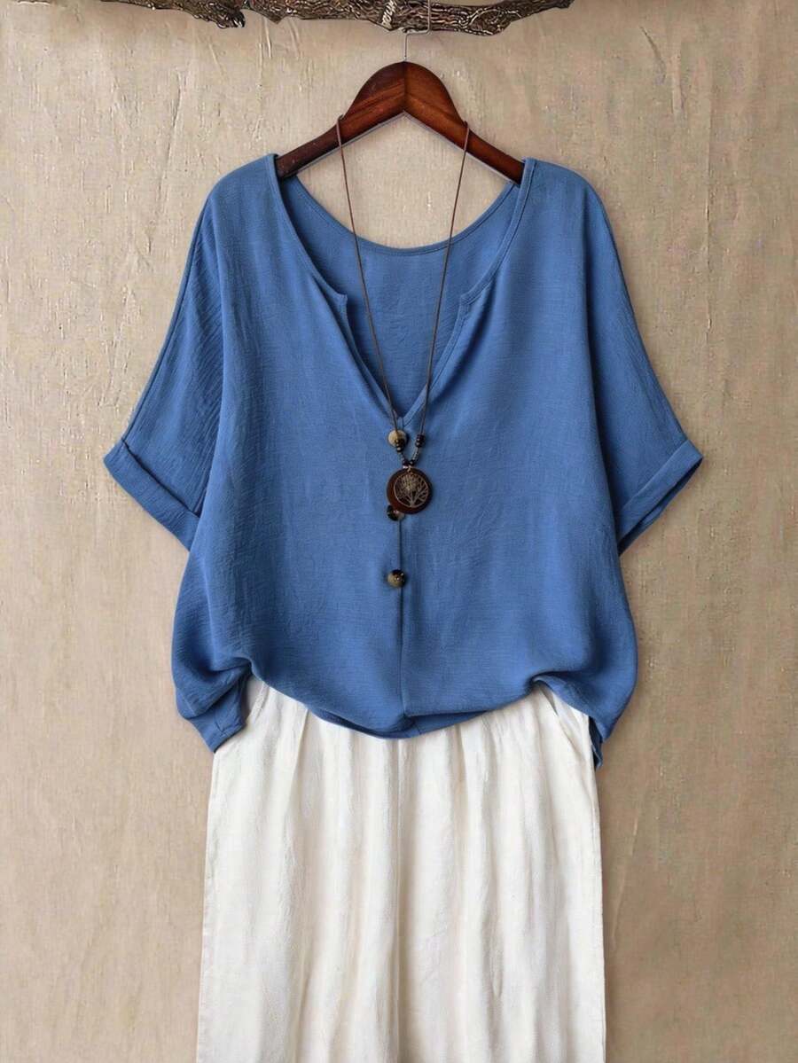 Linhara Plus Size V-Neck Short Sleeve Casual Shirt With Wooden Buttons, Suitable For Casual Outings And Commuting - Blue - View 1
