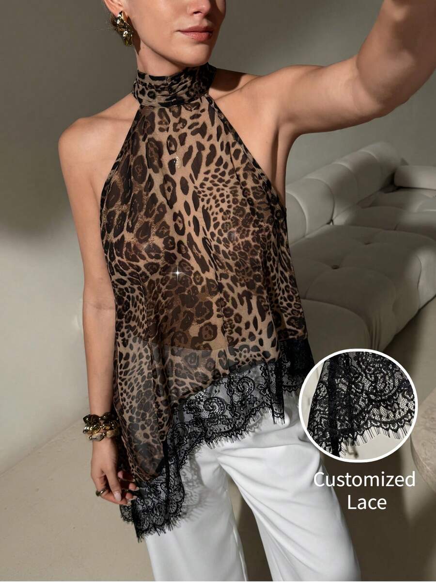 Lavishia 女士豹纹蕾丝拼接性感百搭约会之夜上衣 - 彩色 - 查看 1