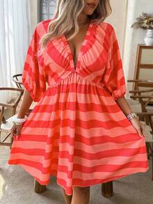 Vionelle Plus Size Women's Deep V Neck Knee Length A Line Dress Orange Plaid Batwing Sleeve Frill Details - Orange - View 4